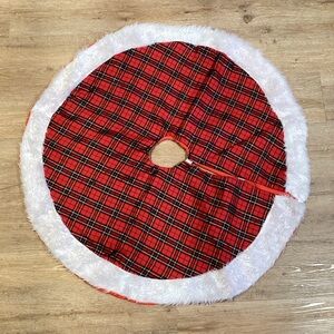 Vintage 36” Round Christmas Tree Skirt Red Plaid Tartan With Flux Fur Trim